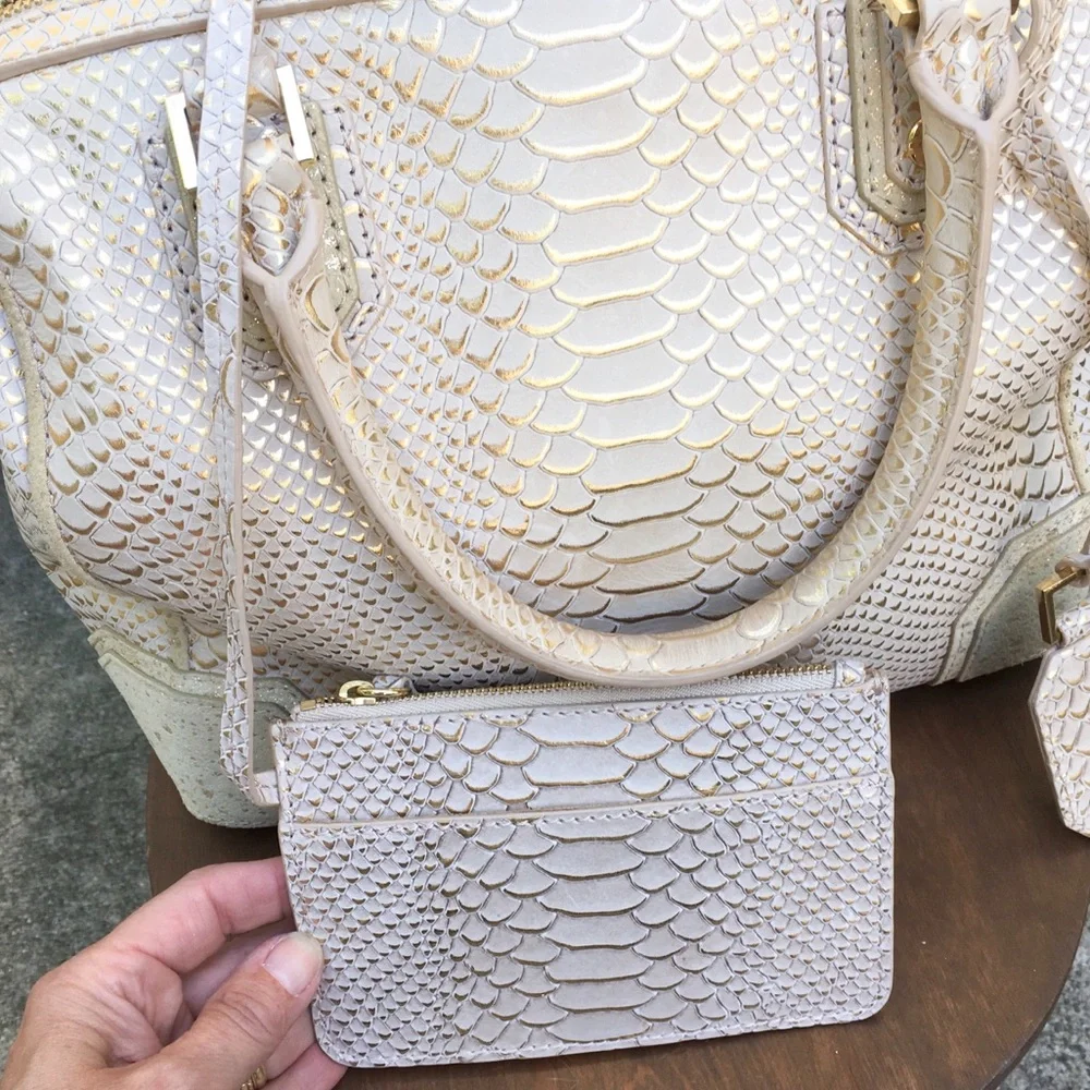 Alice + Olivia Cream and Gold Snake-Embossed Satchel